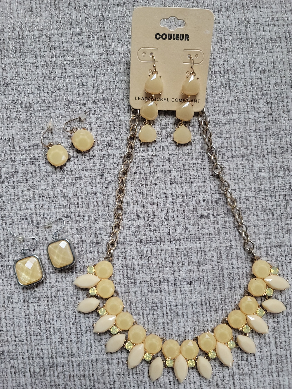 Cream & Bronze/ Gold Tone Statement Necklace with Matching Earrings - 2pr- TAKIN